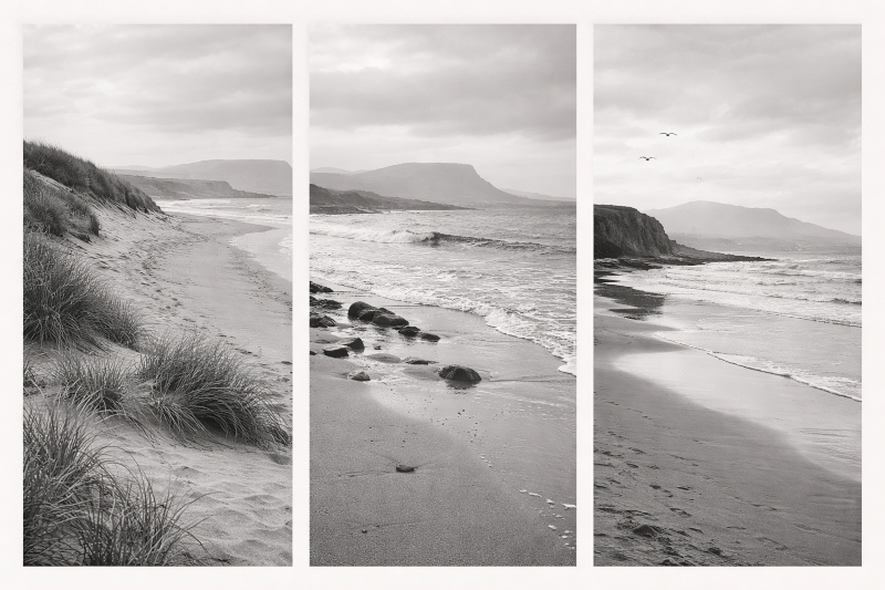 Three black and white shots of sligo beaches with mountains in the background
